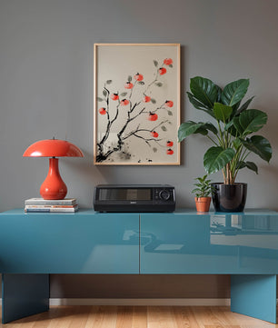 Elegant botanical illustration with vibrant red fruit on branches
