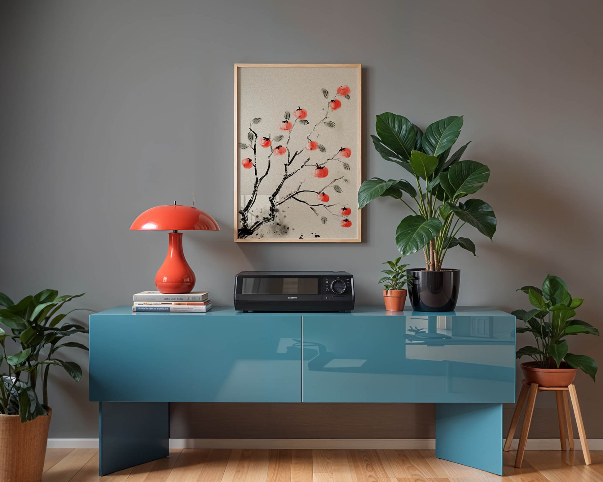 Elegant botanical illustration with vibrant red fruit on branches