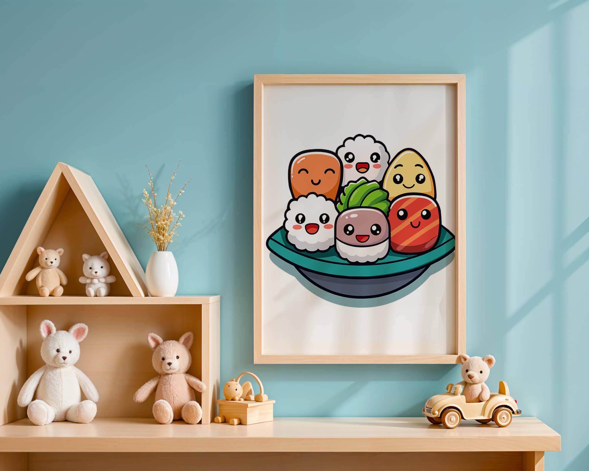 Adorable cartoon sushi characters in a bowl illustration