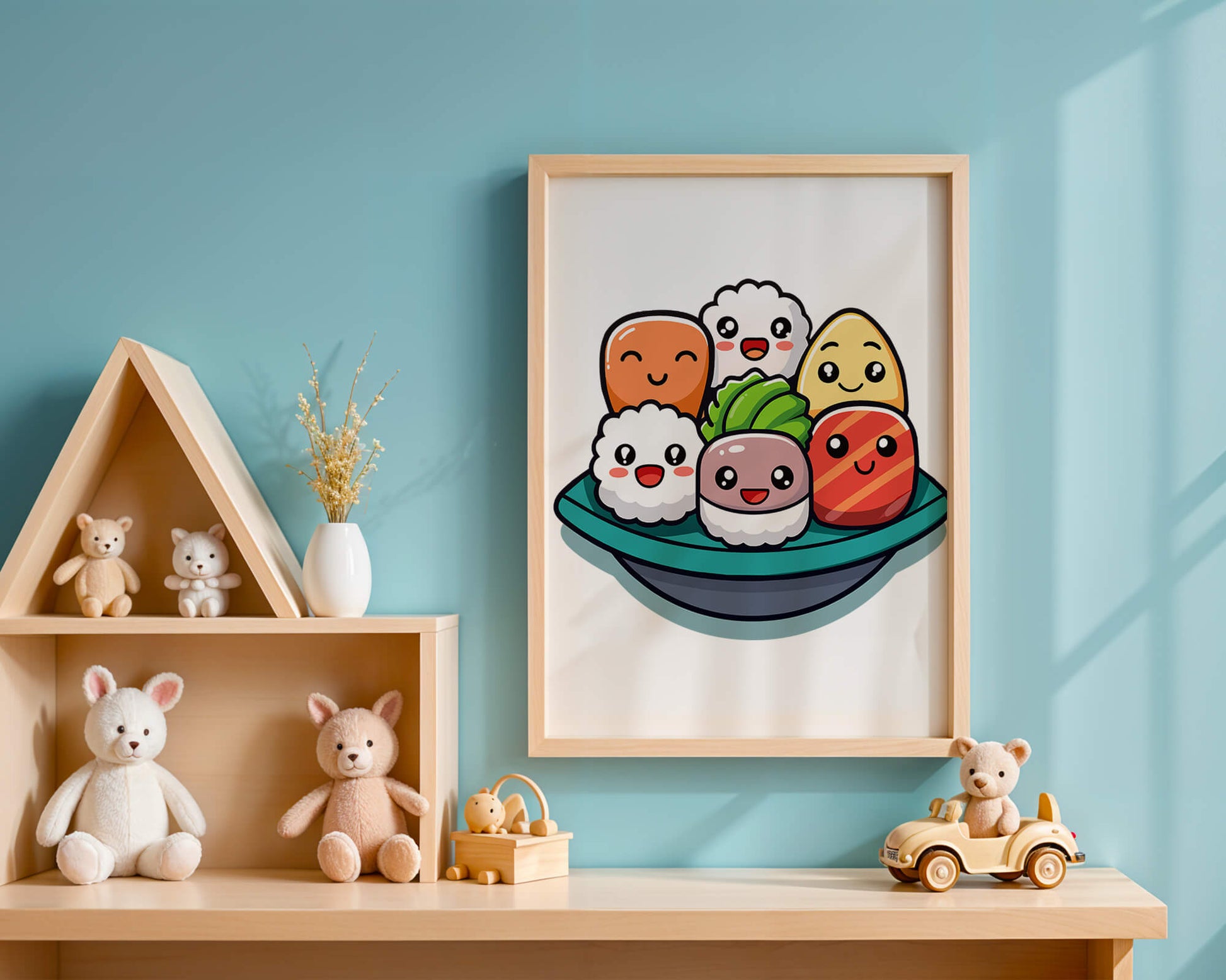 Adorable cartoon sushi characters in a bowl illustration