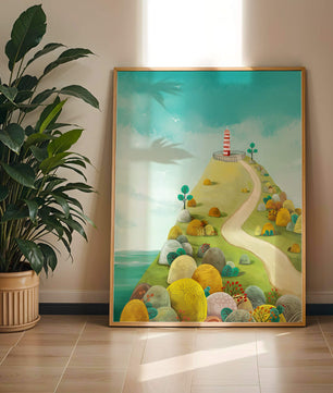 Charming lighthouse illustration on a scenic hilltop