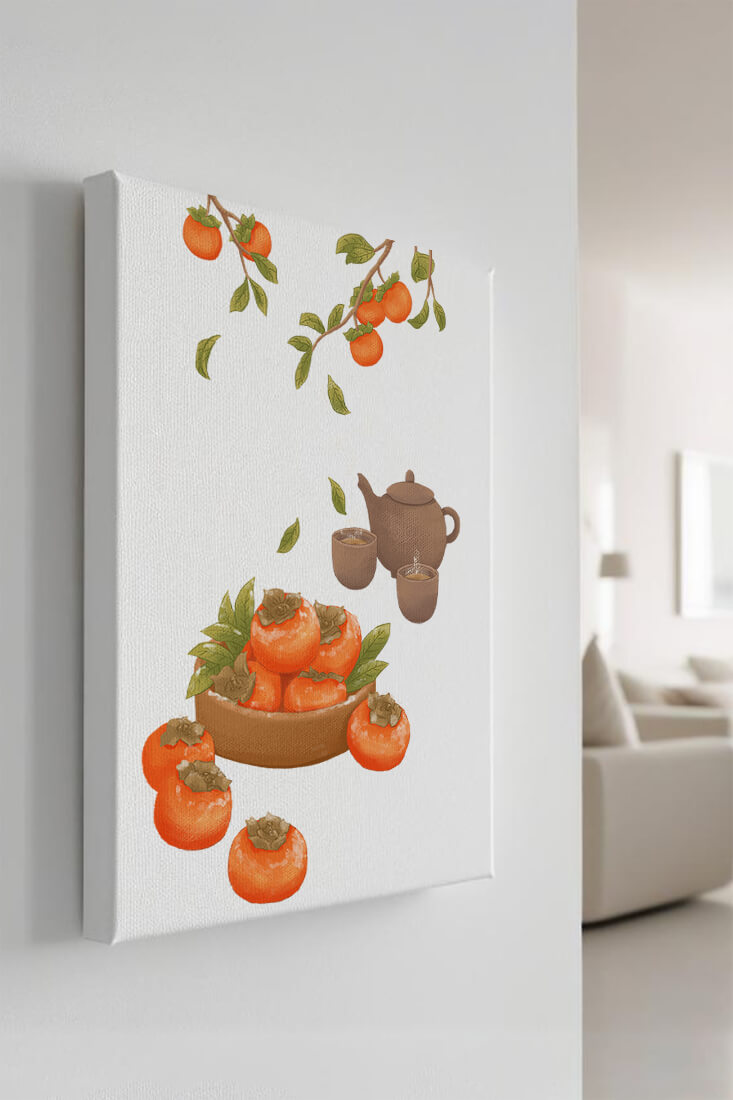 Cozy tea setting with persimmons and branches