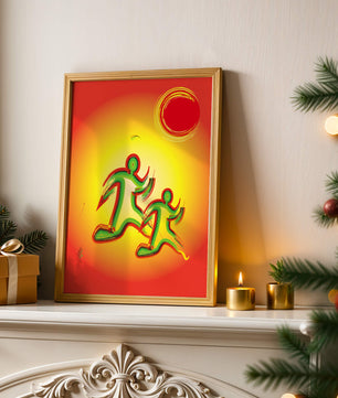 Abstract colorful figures under a vibrant sun with warm tones