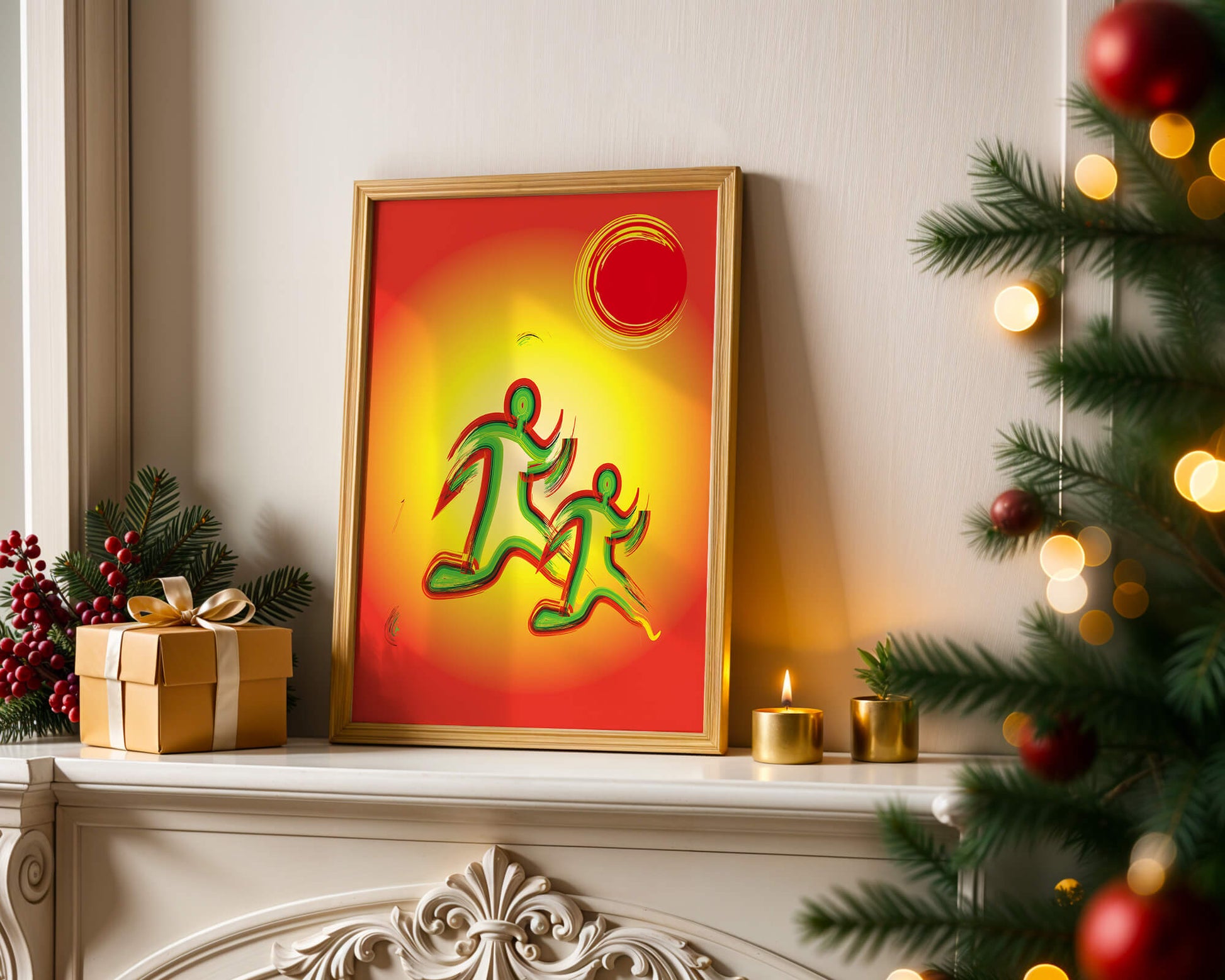 Abstract colorful figures under a vibrant sun with warm tones