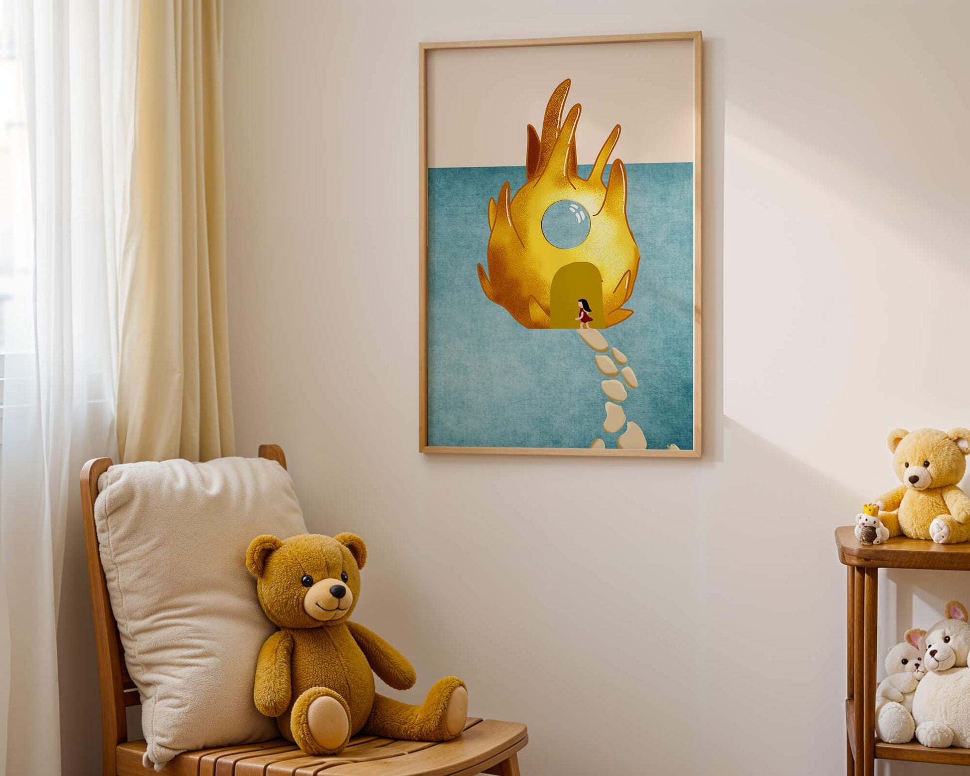 Enchanted House With Golden Flame Shape On Light Blue Background