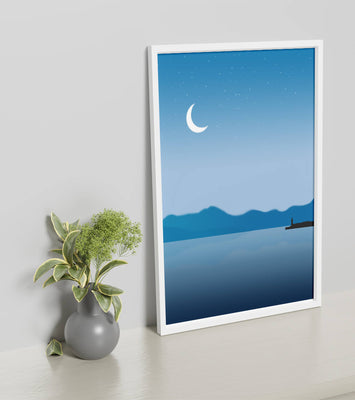 Serene Night Landscape with Crescent Moon and Lighthouse
