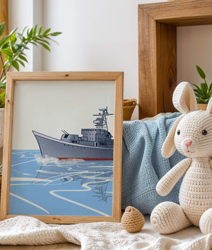 Illustrative depiction of a warship sailing on calm waters