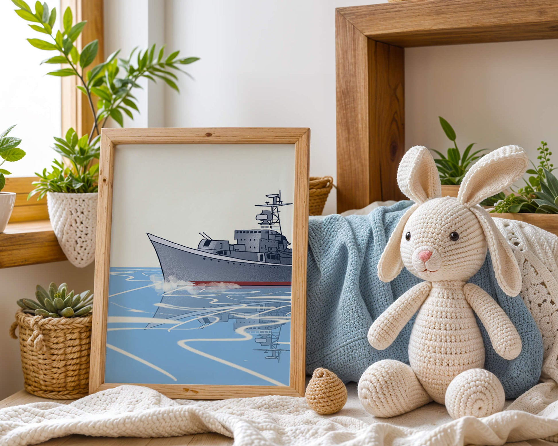 Illustrative depiction of a warship sailing on calm waters