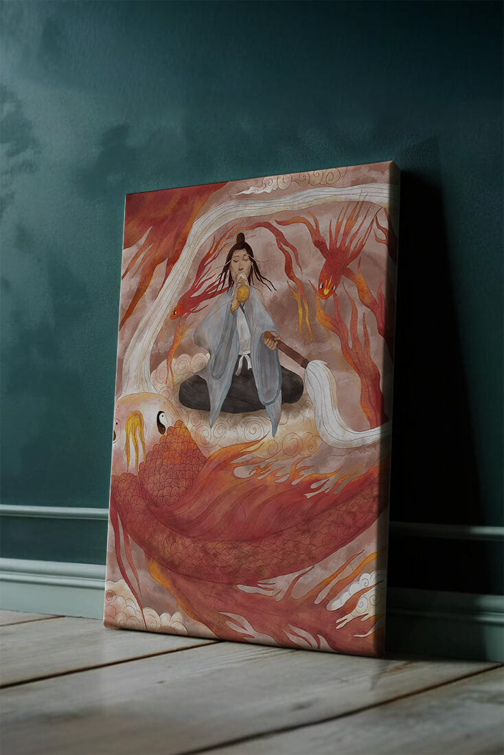 Serene meditation with mystical elements and mythical creatures