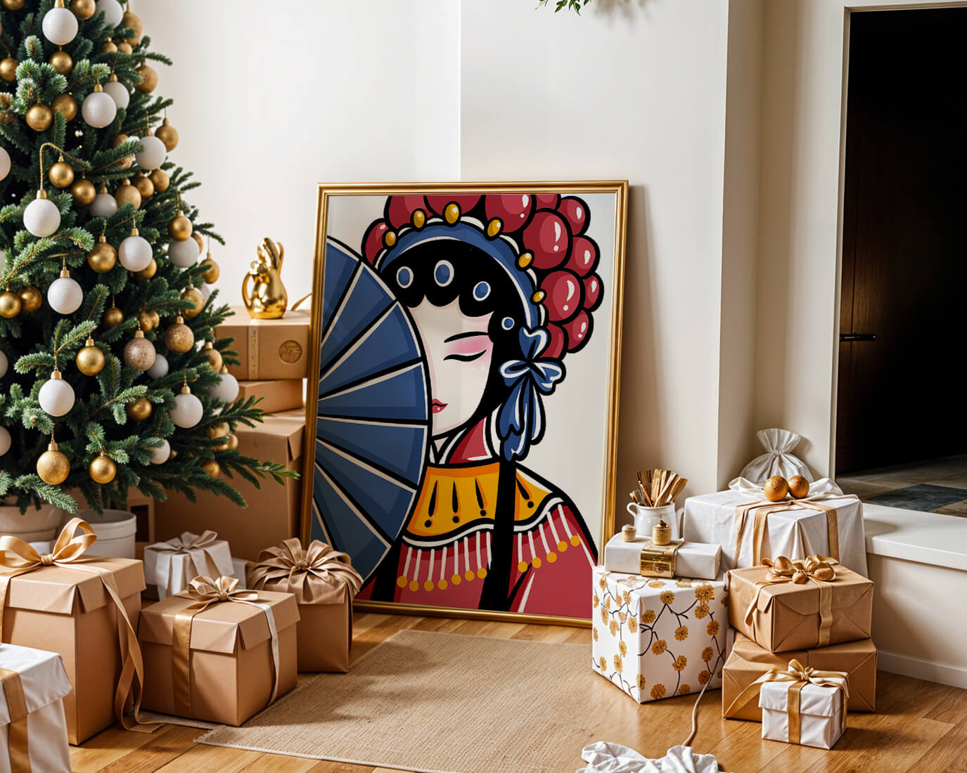 Traditional Asian opera character with fan and decorative headpiece