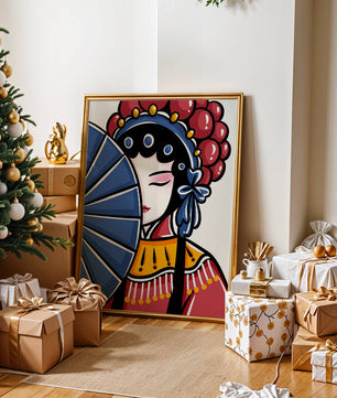 Traditional Asian opera character with fan and decorative headpiece