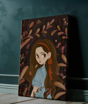 Ilustración elegante de una chica rodeada de follaje abstracto