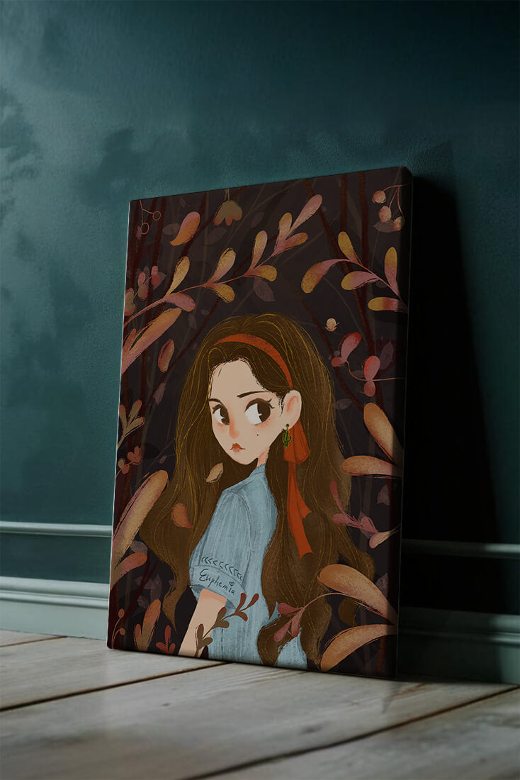 Elegante ilustración de una niña rodeada de follaje abstracto.