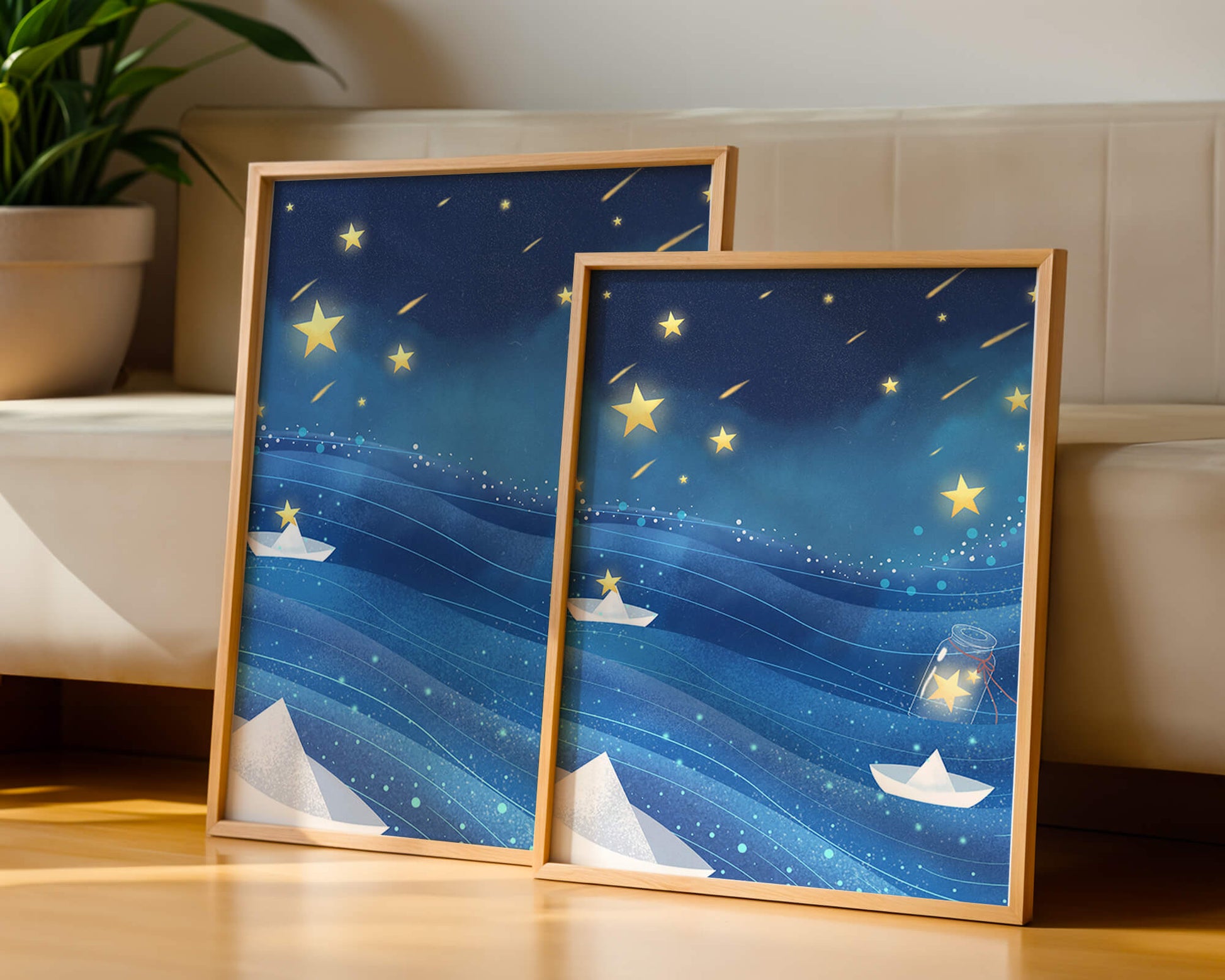 Sterne am Nachthimmel mit Papierbooten auf dem Meer