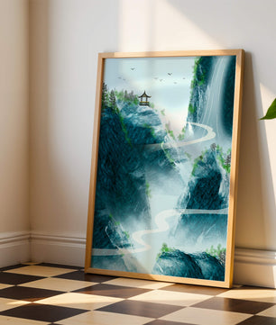 Serene mountain landscape with a pavilion and waterfall