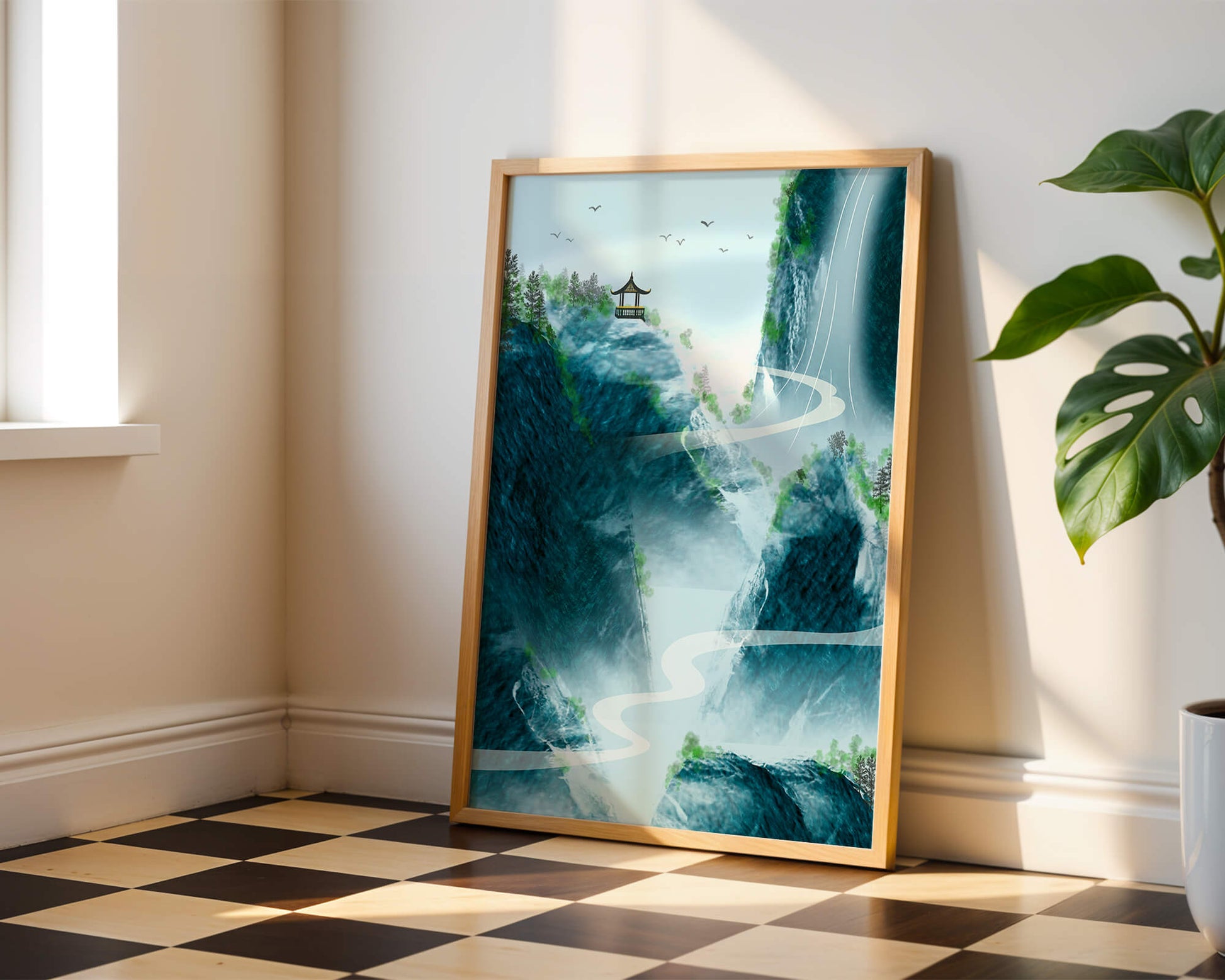 Serene mountain landscape with a pavilion and waterfall