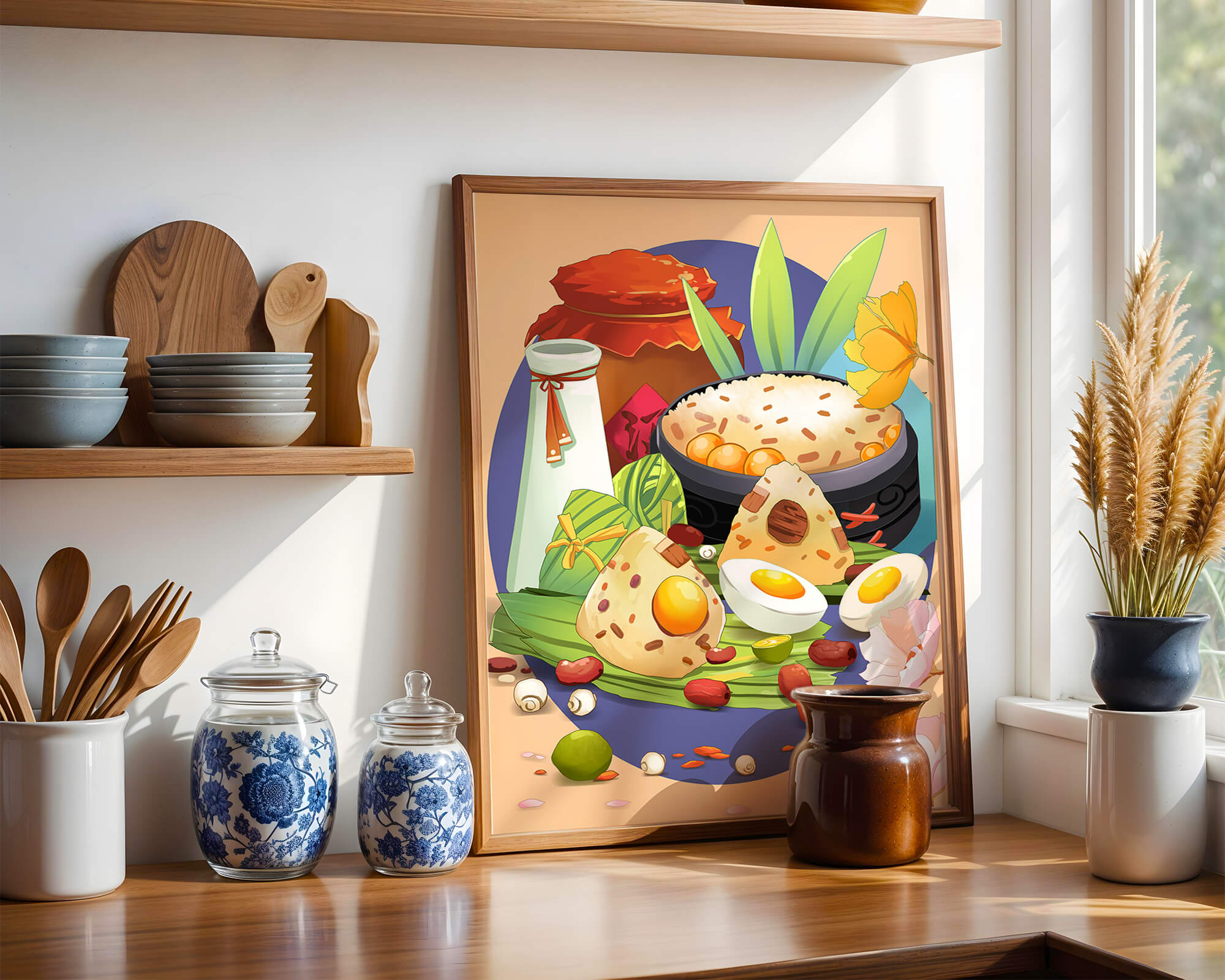 Traditional Asian culinary still life with rice and eggs
