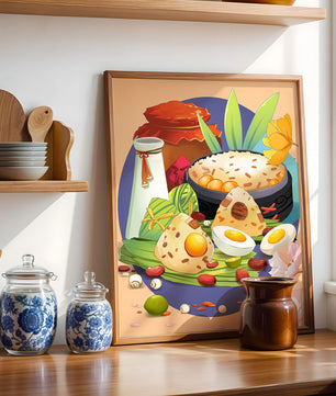 Naturaleza muerta culinaria asiática tradicional con arroz y huevos
