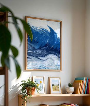 Pintura abstracta de ola oceánica azul y blanca con patrones giratorios