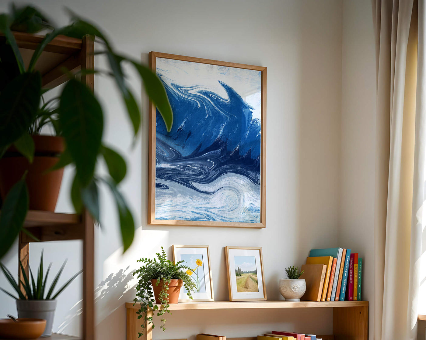 Abstract blue and white ocean wave painting with swirling patterns