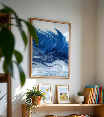 Abstract blue and white ocean wave painting with swirling patterns