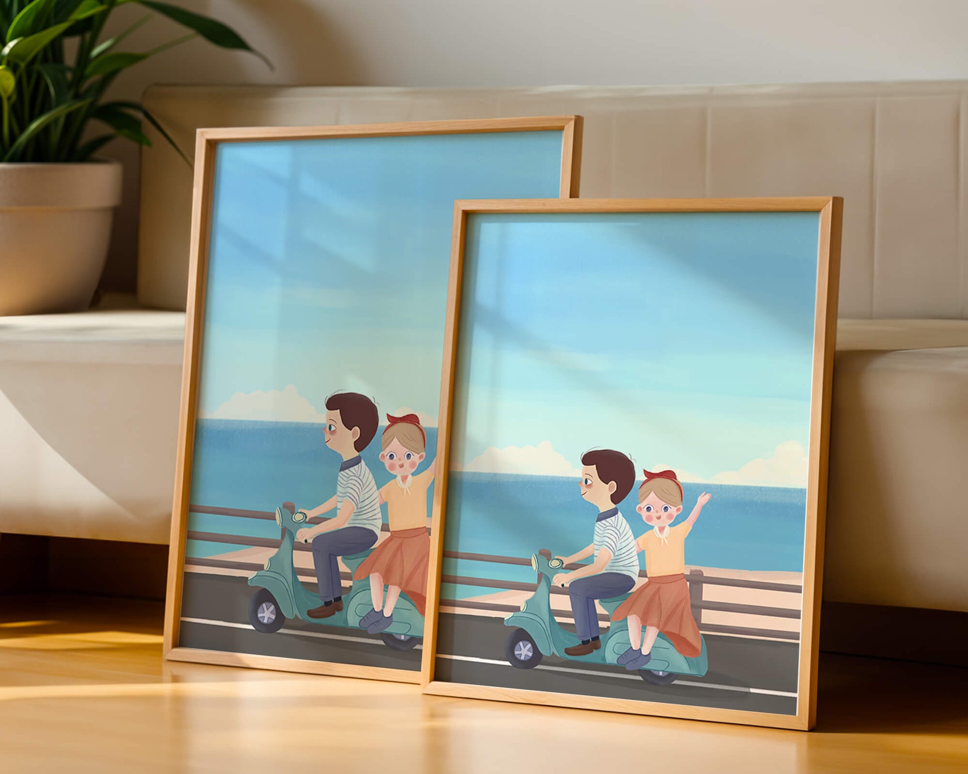 Young couple enjoying a scenic scooter ride by the seaside