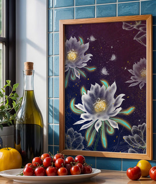 Floral Fantasy with Glowing Elements and Butterflies in Night Sky