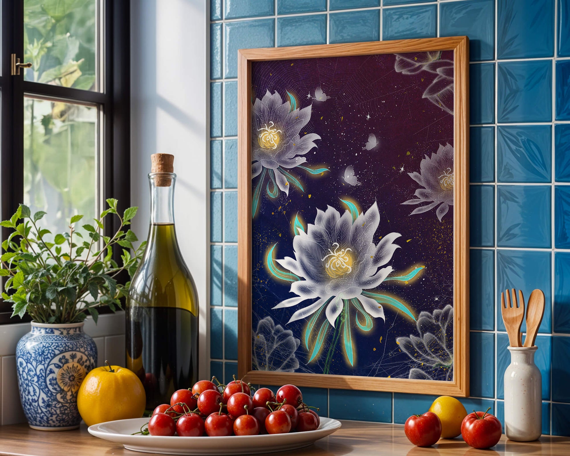 Floral Fantasy with Glowing Elements and Butterflies in Night Sky