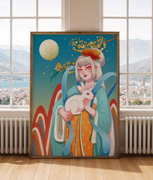 Femme élégante en tenue traditionnelle tenant un lapin blanc sous une pleine lune