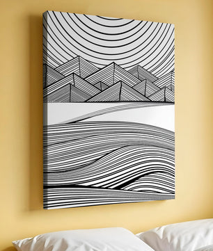 Abstract Black and White Geometric Landscape with Line Art