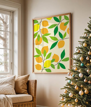 Vibrant lemon pattern with colorful leaves and citrus fruits
