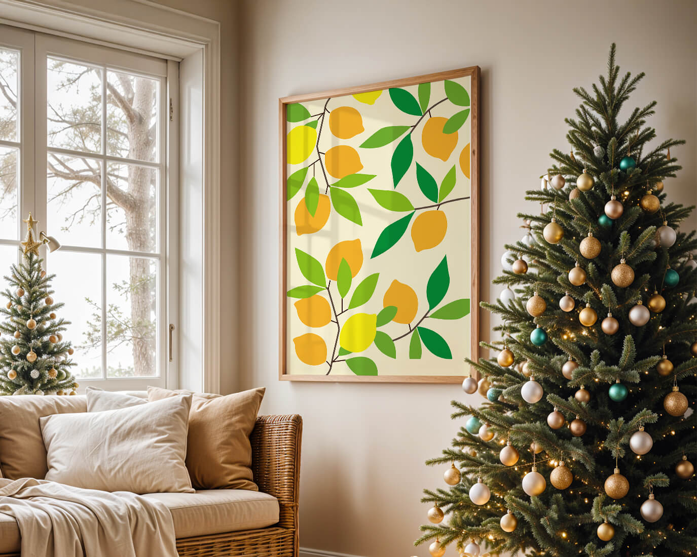 Vibrant lemon pattern with colorful leaves and citrus fruits