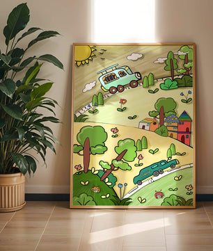 Colorful cartoon landscape with vehicles and nature scene
