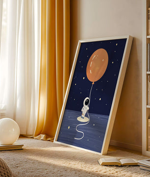 Encantador astronauta sosteniendo un globo naranja grande bajo un cielo estrellado