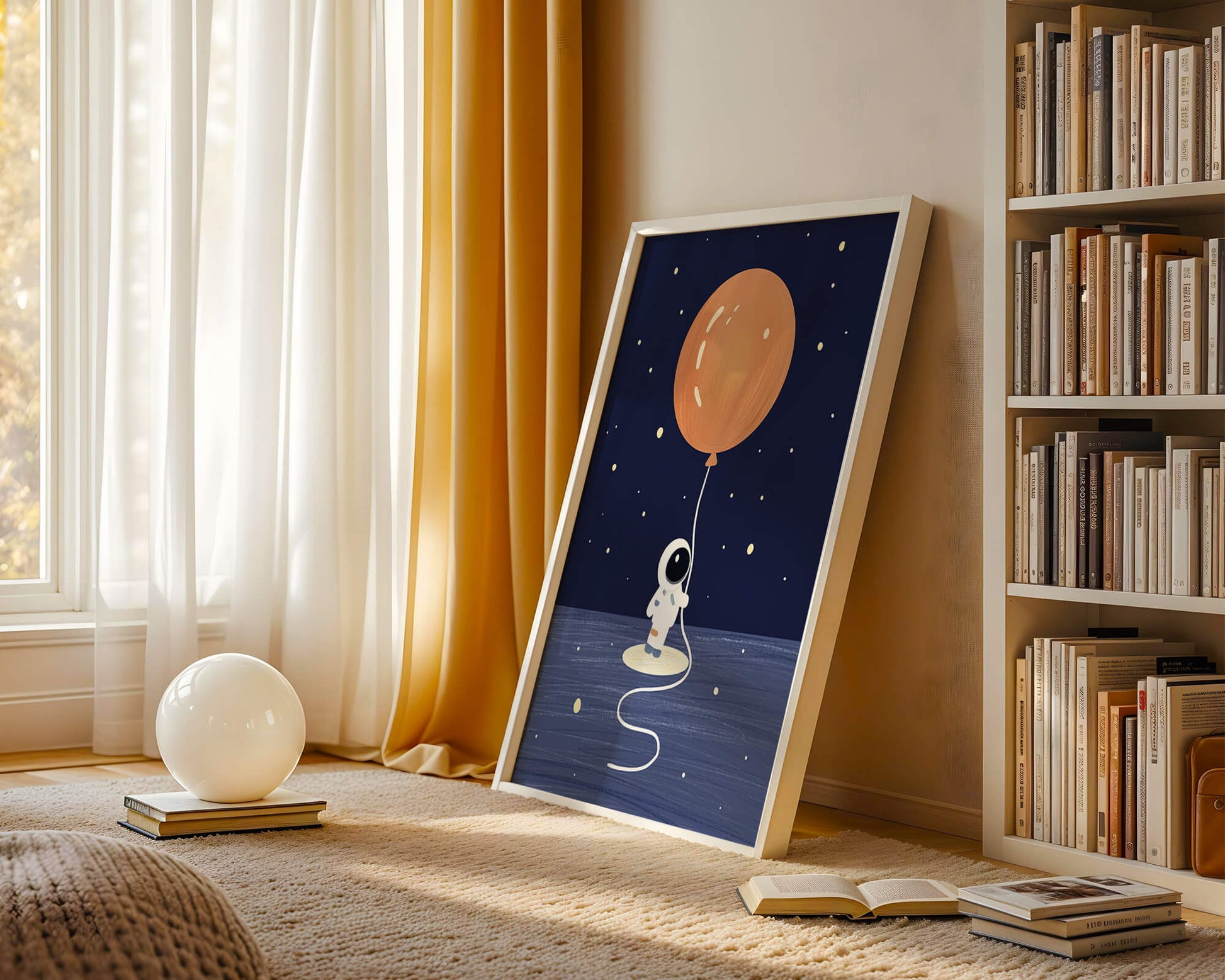 Charming Astronaut Holding Large Orange Balloon Under Starry Sky
