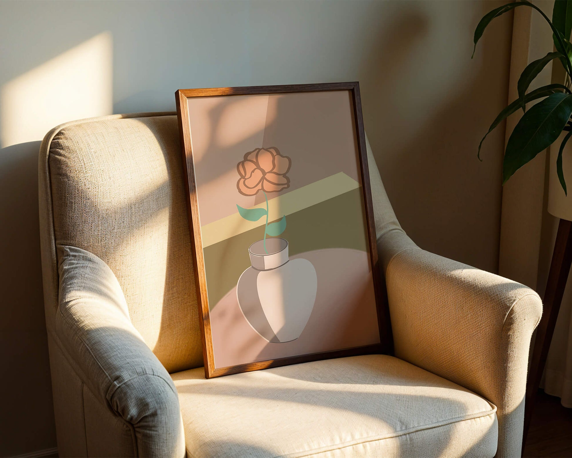 Ilustración abstracta de un jarrón con una flor en colores pastel