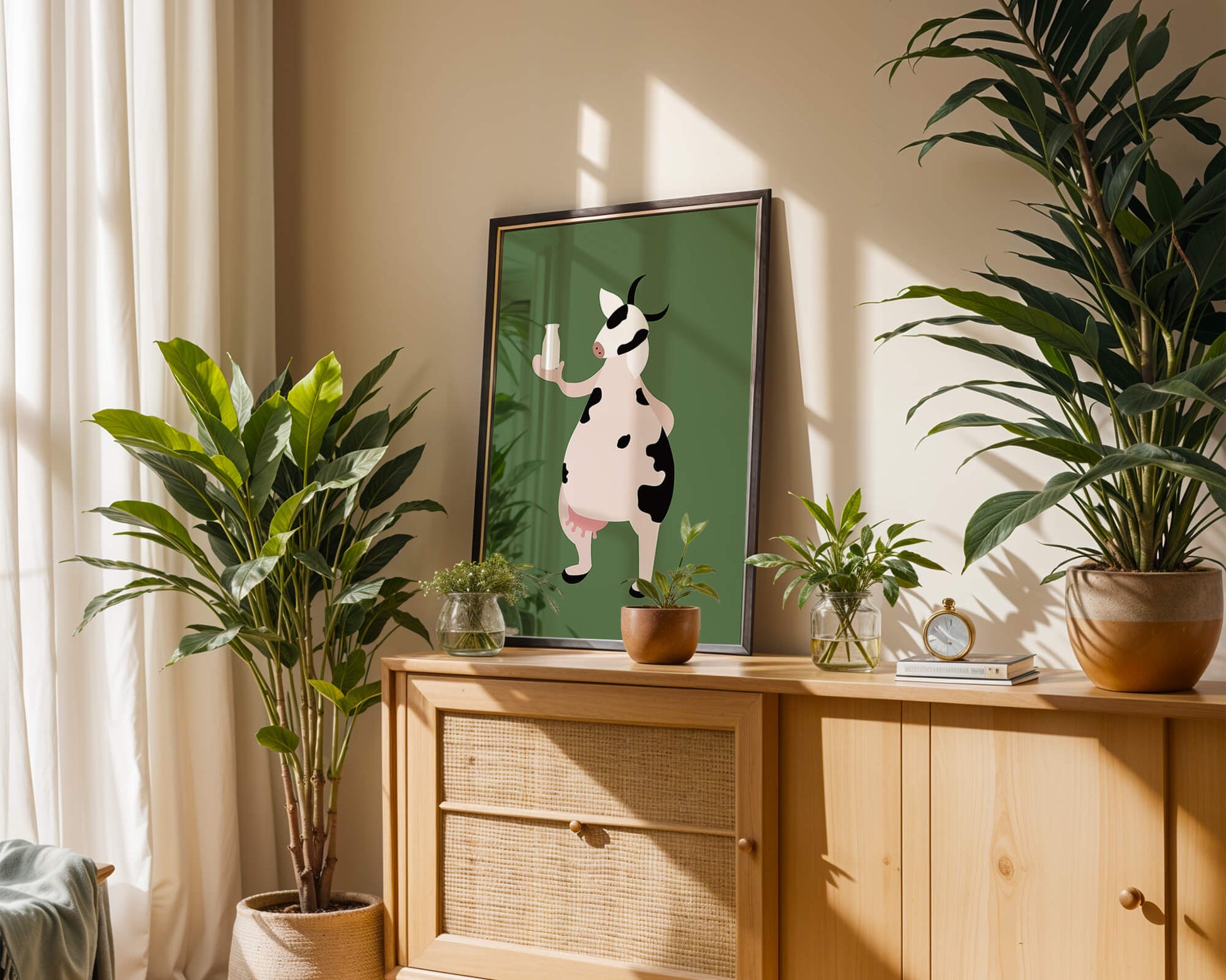 Illustration of anthropomorphic cow holding a milk bottle on green background