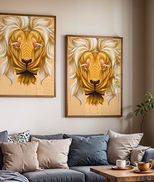 Lion Face with Intricate Golden Pattern and Flowing Mane