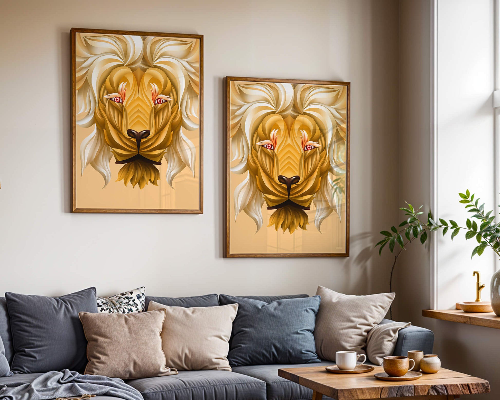 Lion Face with Intricate Golden Pattern and Flowing Mane