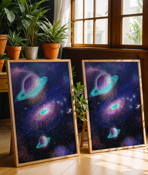 Colorful space illustration with planets and galaxy