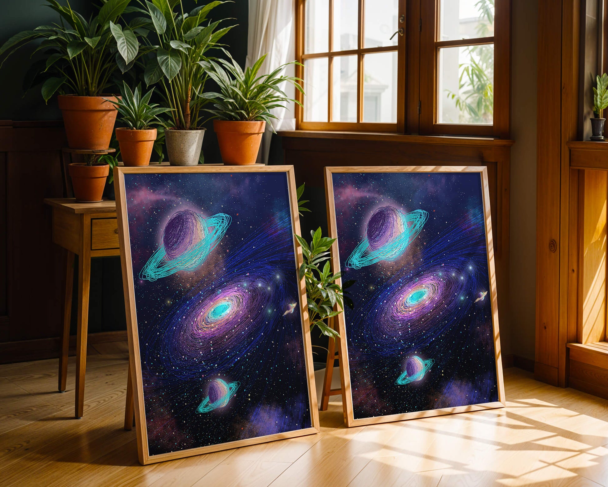 Colorful space illustration with planets and galaxy