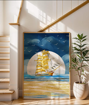Navire à voile doré sur la mer avec des mouettes et un horizon bleu