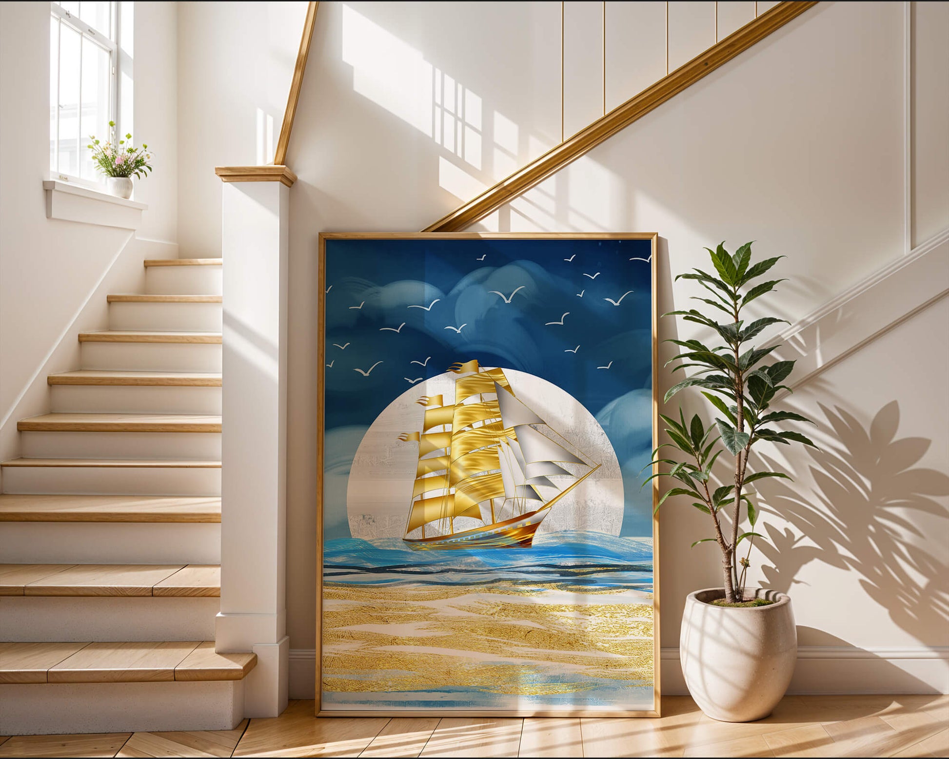 Golden Sailing Ship on the Sea with Seagulls and Blue Horizon