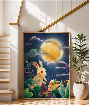 Charming illustration of rabbits under a full moon in a vibrant night garden