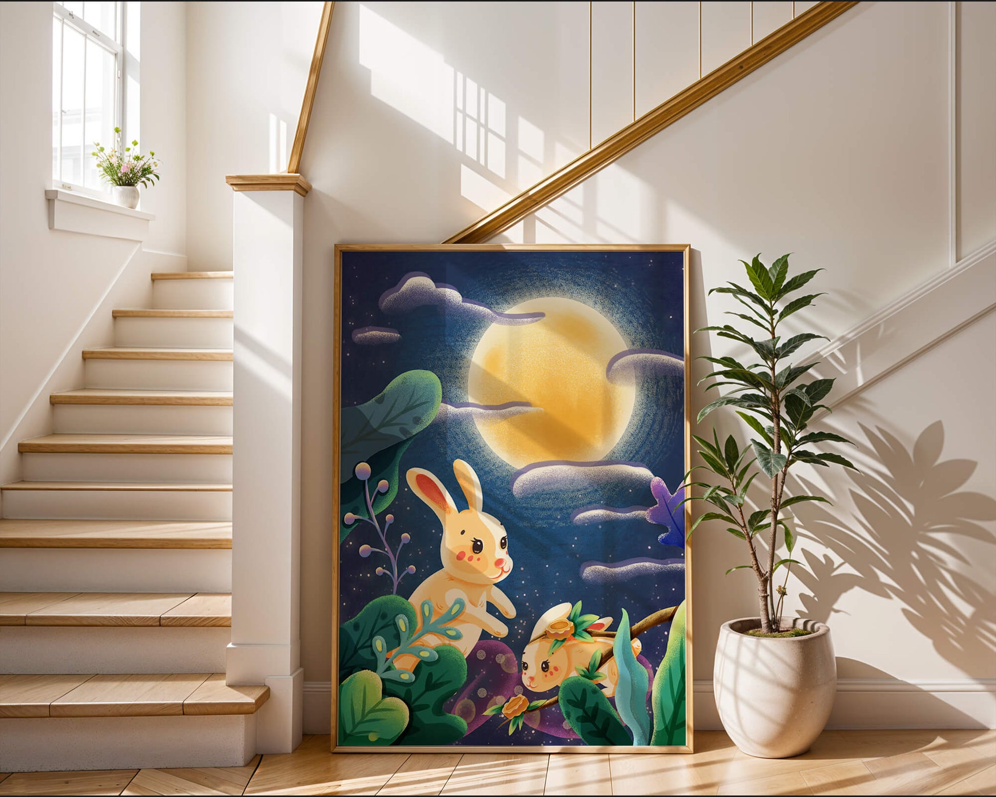 Charming illustration of rabbits under a full moon in a vibrant night garden