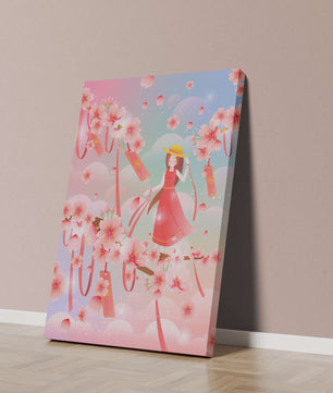 Scène printanière sereine avec des cerisiers en fleurs et une fille portant un chapeau