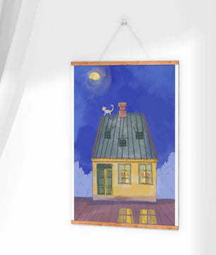 Charmantes nächtliches Haus mit einer Katze auf dem Dach unter dem Mond 