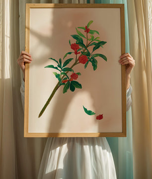 Ilustración detallada de una rama floreciente con flores rojas vivas y hojas verdes exuberantes