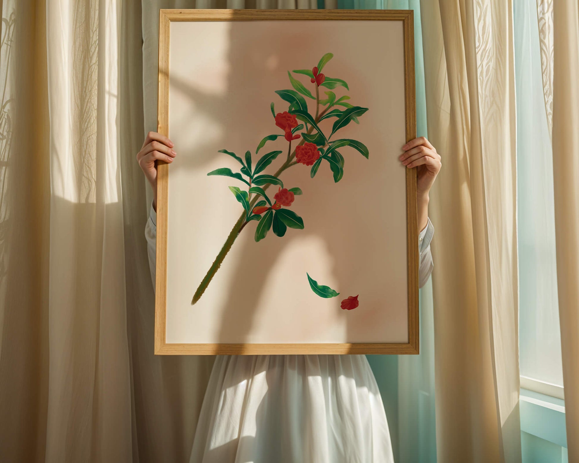 Detailed illustration of a flowering branch with vivid red blooms and lush green leaves