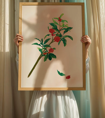 Detailed illustration of a flowering branch with vivid red blooms and lush green leaves